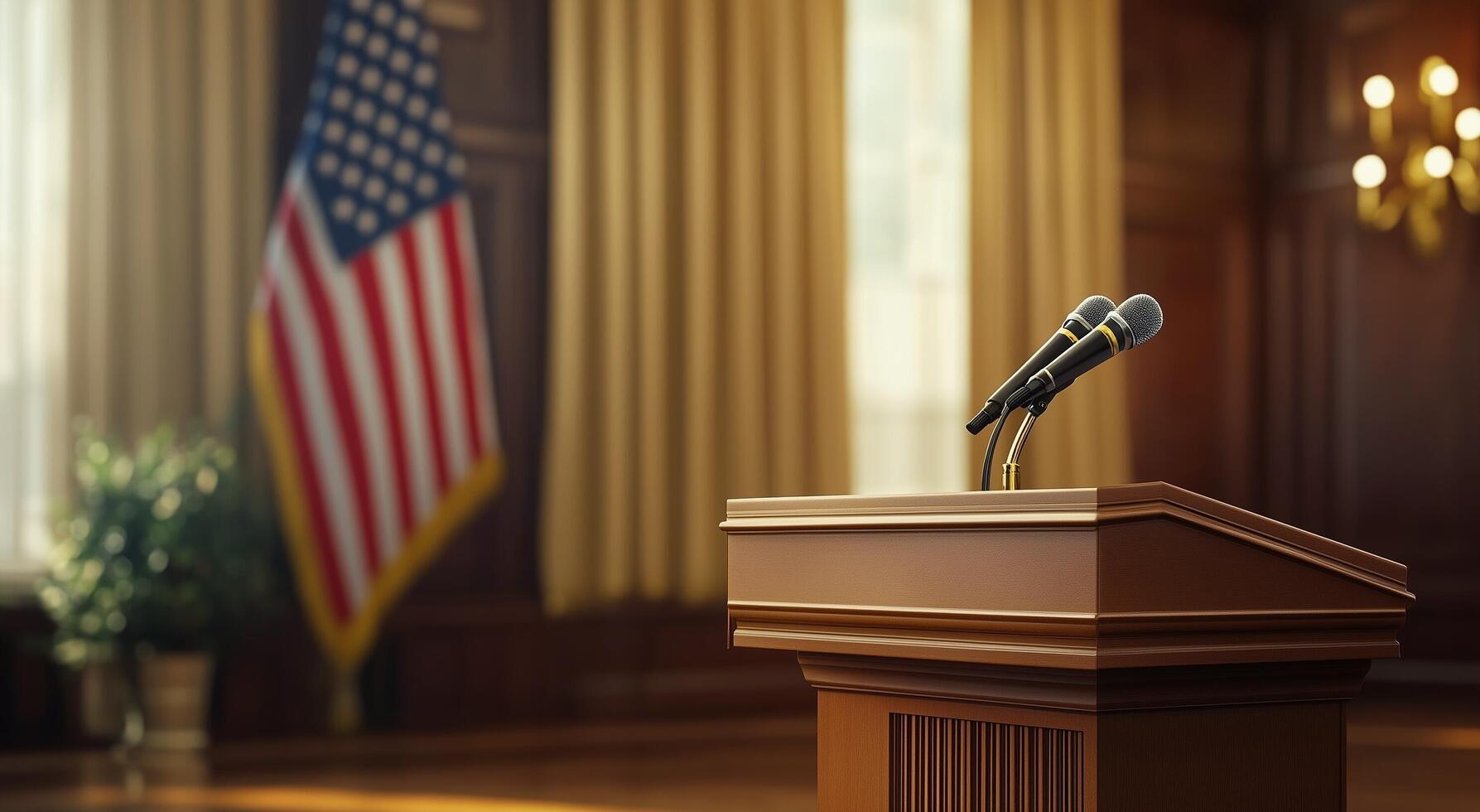 Podium with microphones ready for a press conference in a formal setting with American flag backdrop photo