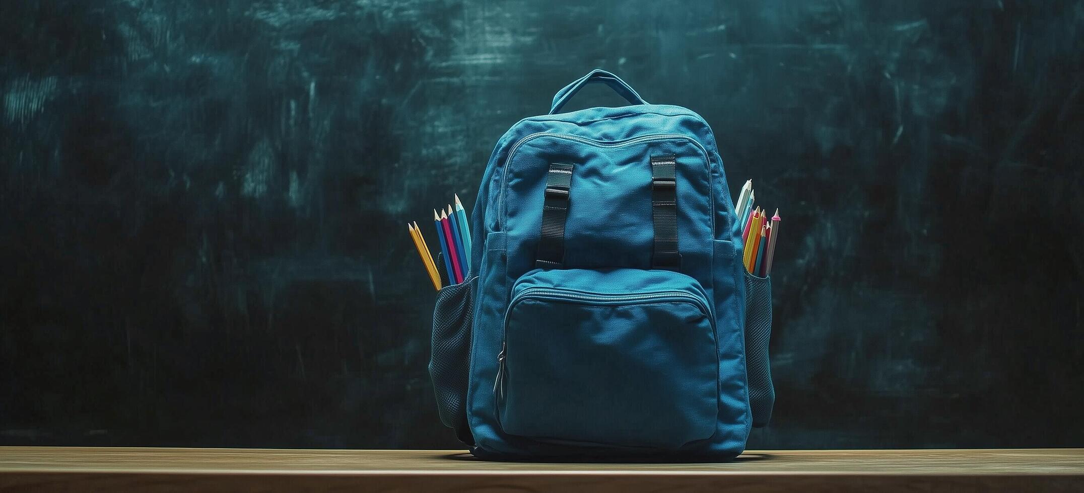 Blue backpack filled with colorful pencils on wooden table in front of dark background photo