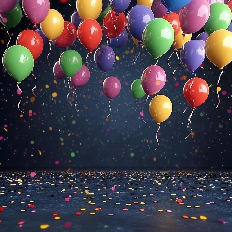 Colorful balloons floating above confetti on a festive background for celebration events photo