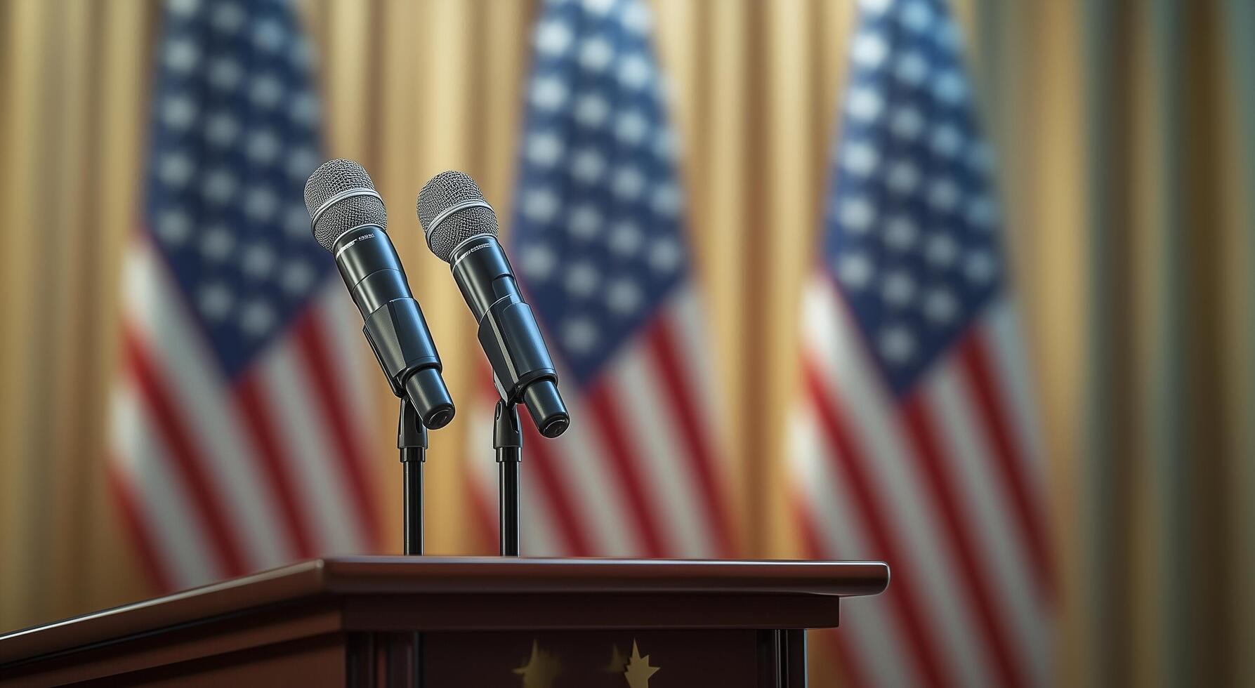 Microphones ready for a press conference in front of American flags photo