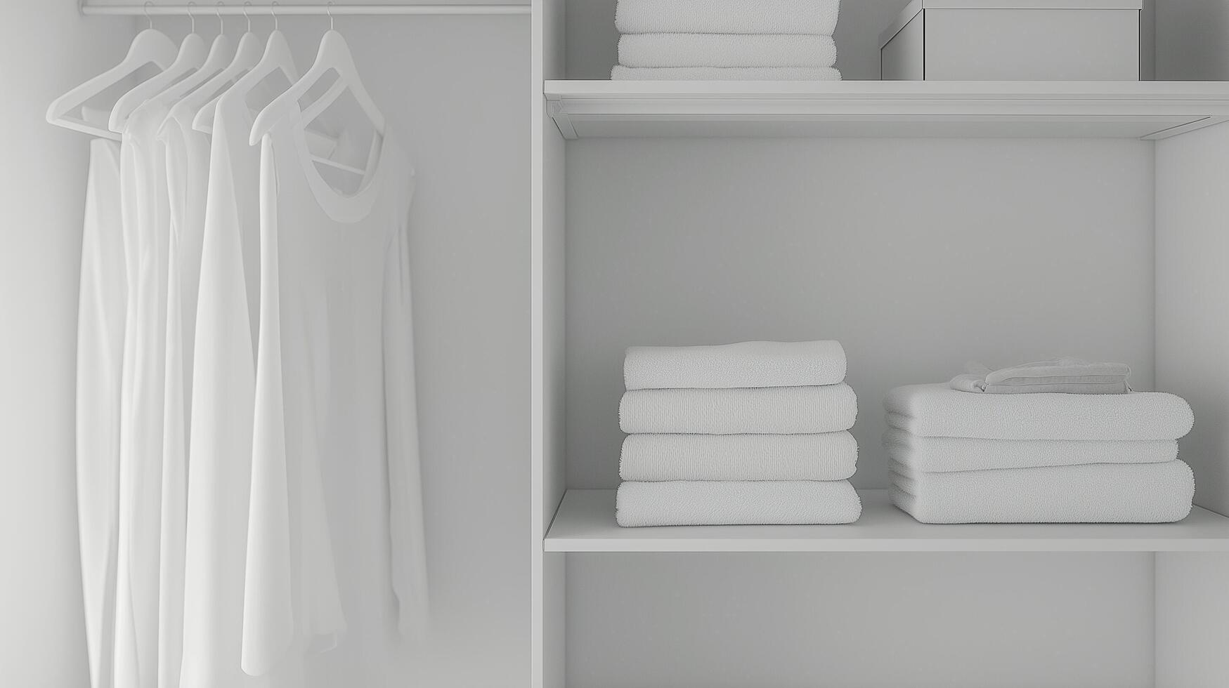 Minimalist design of a neatly organized closet with white garments and towels displayed photo