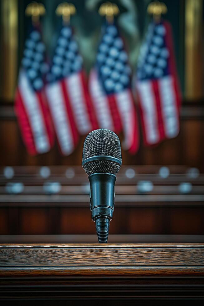 Microphone positioned in front of American flags in a government building during a hearing photo