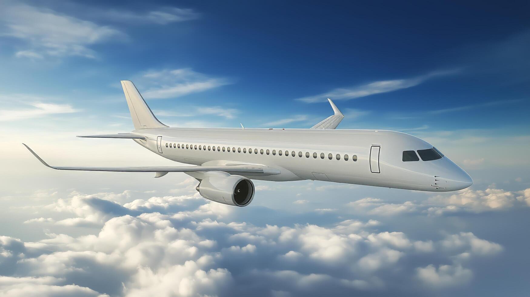 Flying airplane above fluffy clouds in bright blue sky during daytime photo