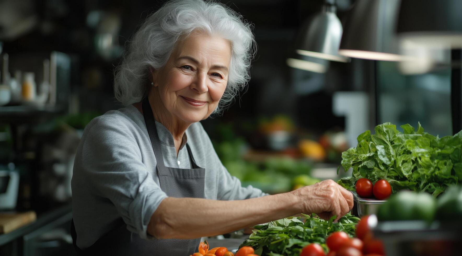 Smiling elderly woman preparing fresh vegetables in a vibrant market during morning hours photo