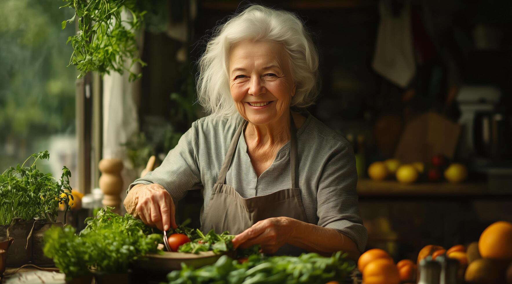 Elderly woman preparing fresh vegetables in a cozy kitchen filled with natural light photo