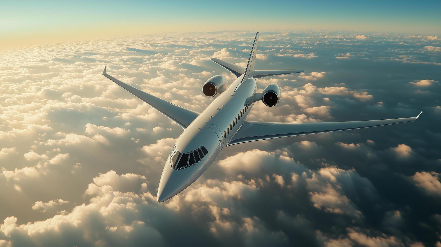 Private jet flying above fluffy clouds during golden hour at high altitude photo