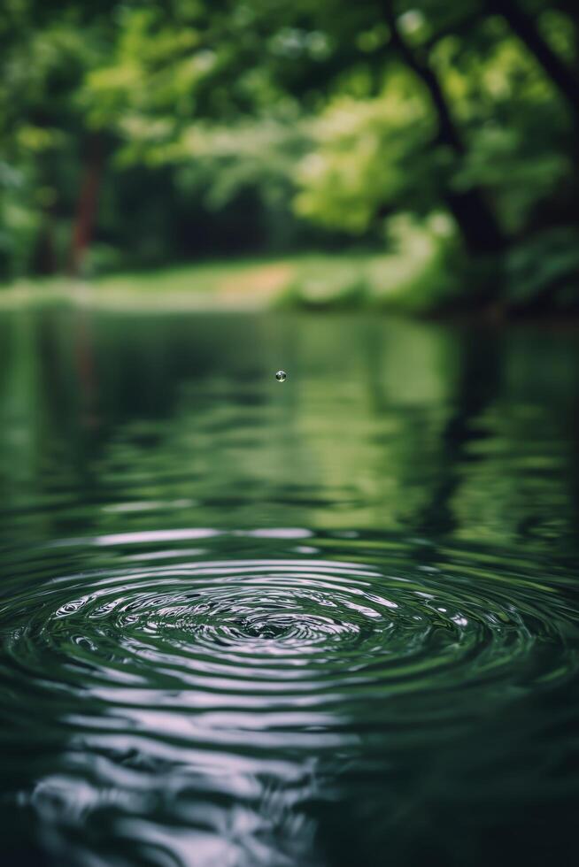 Ripples on a tranquil green pond with lush trees under gentle daylight photo