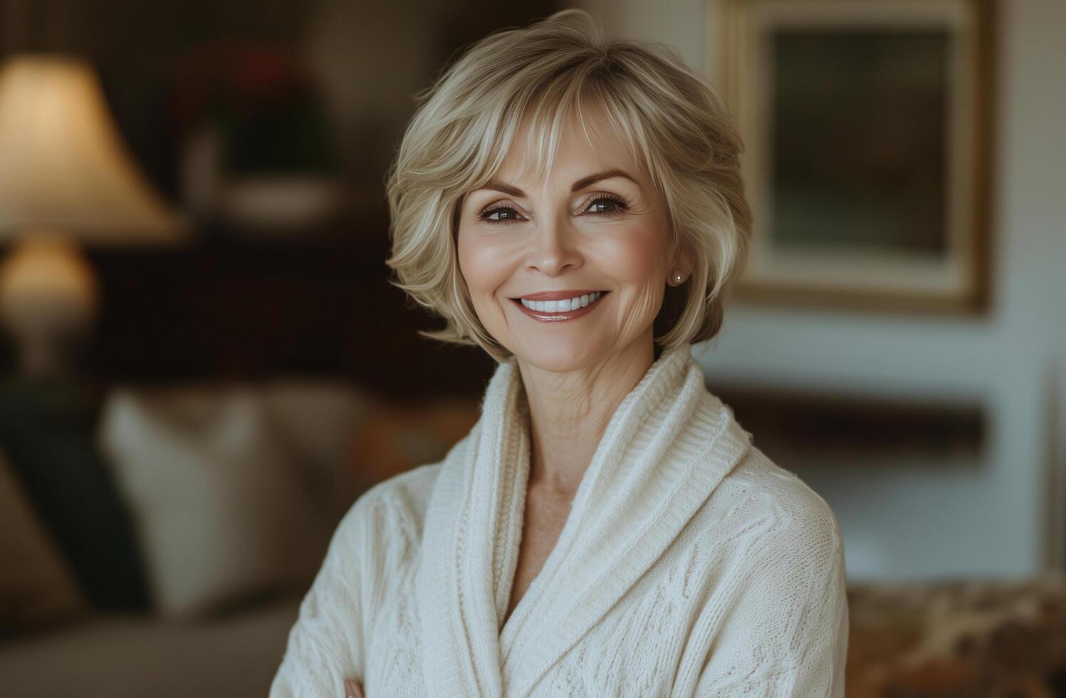 Smiling woman in cozy sweater with natural lighting indoors in a warm and inviting setting photo
