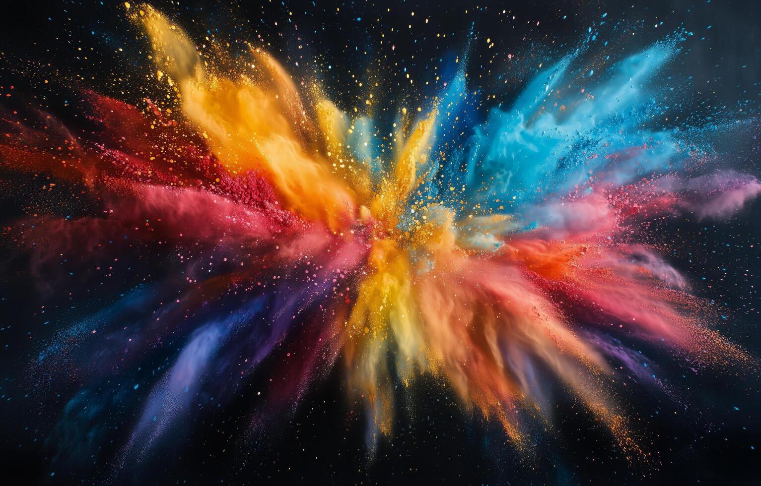 Vibrant explosion of colorful powder creating dynamic patterns in a dark space photo