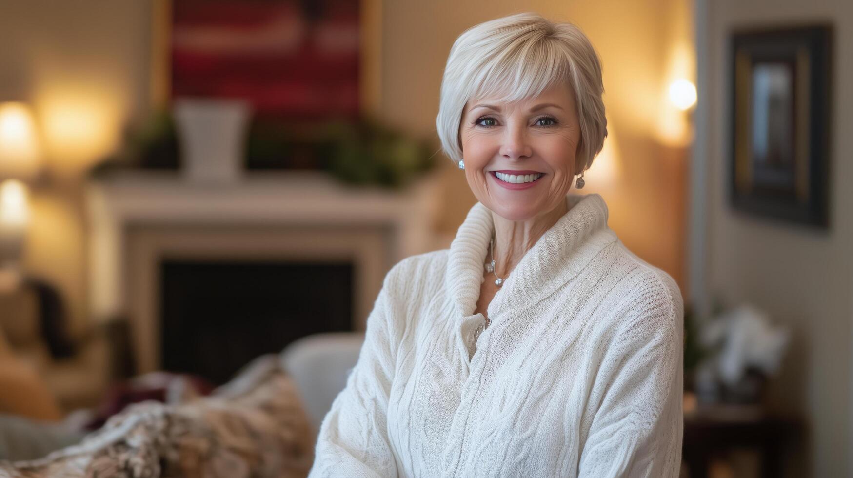 Woman with short blonde hair smiles warmly in a cozy indoor setting during daylight photo