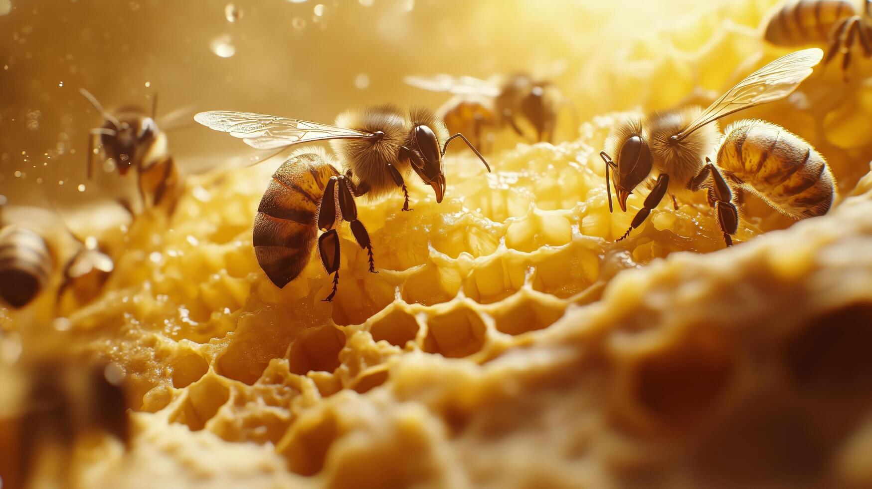 Bees gathering nectar and producing honey in a vibrant hive during sunny daytime photo