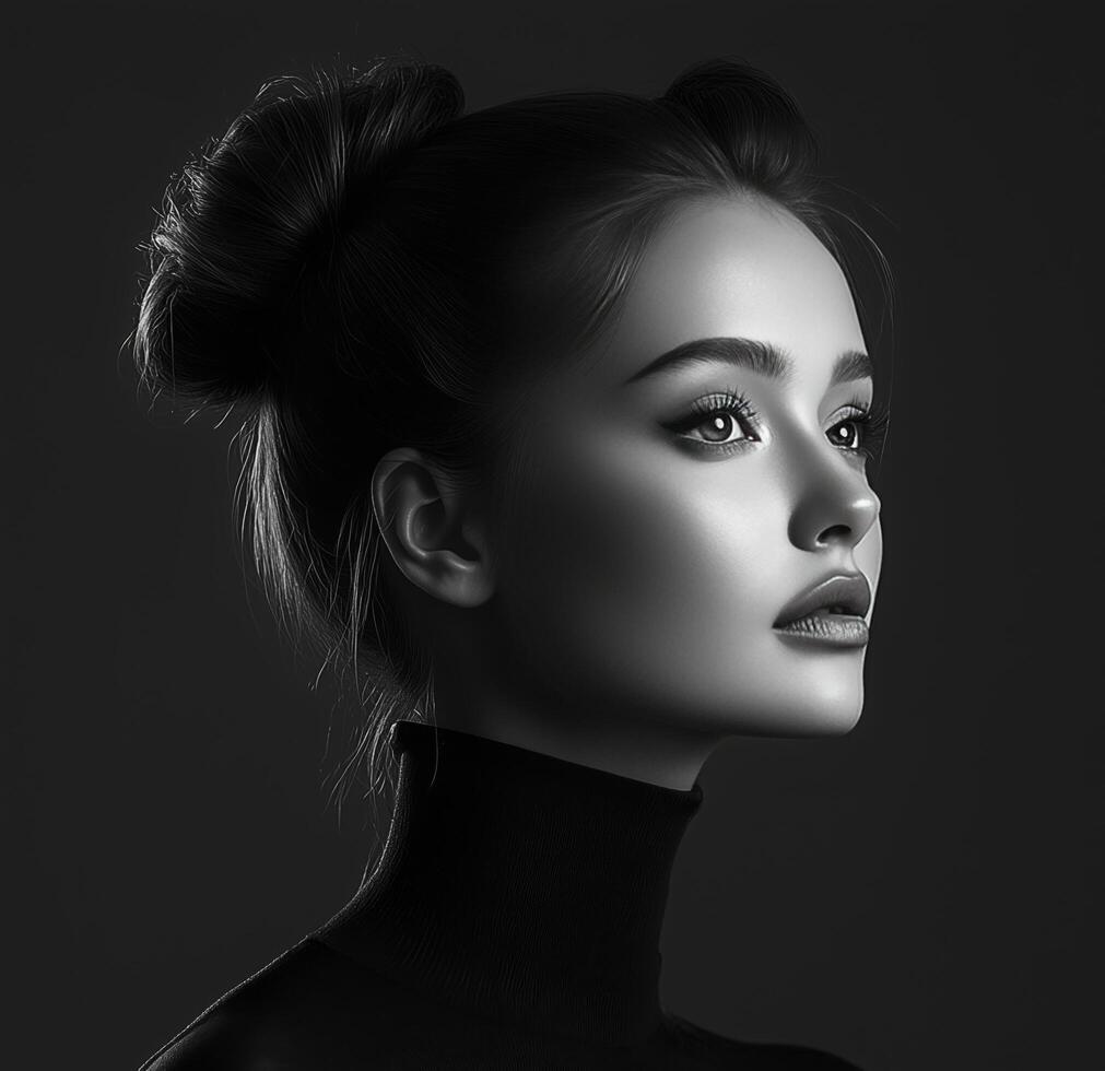 Elegant portrait of a woman with dark hair in a high neckline outfit against a black background photo