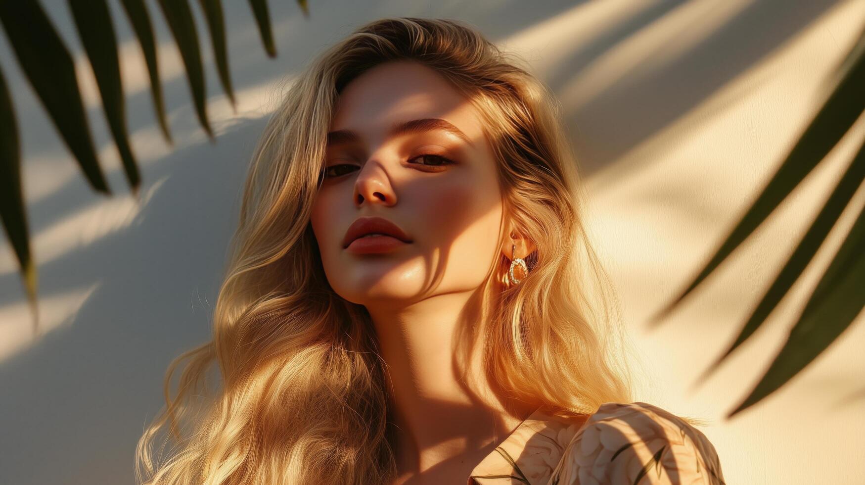 Beautiful woman poses under palm leaves in golden sunlight photo