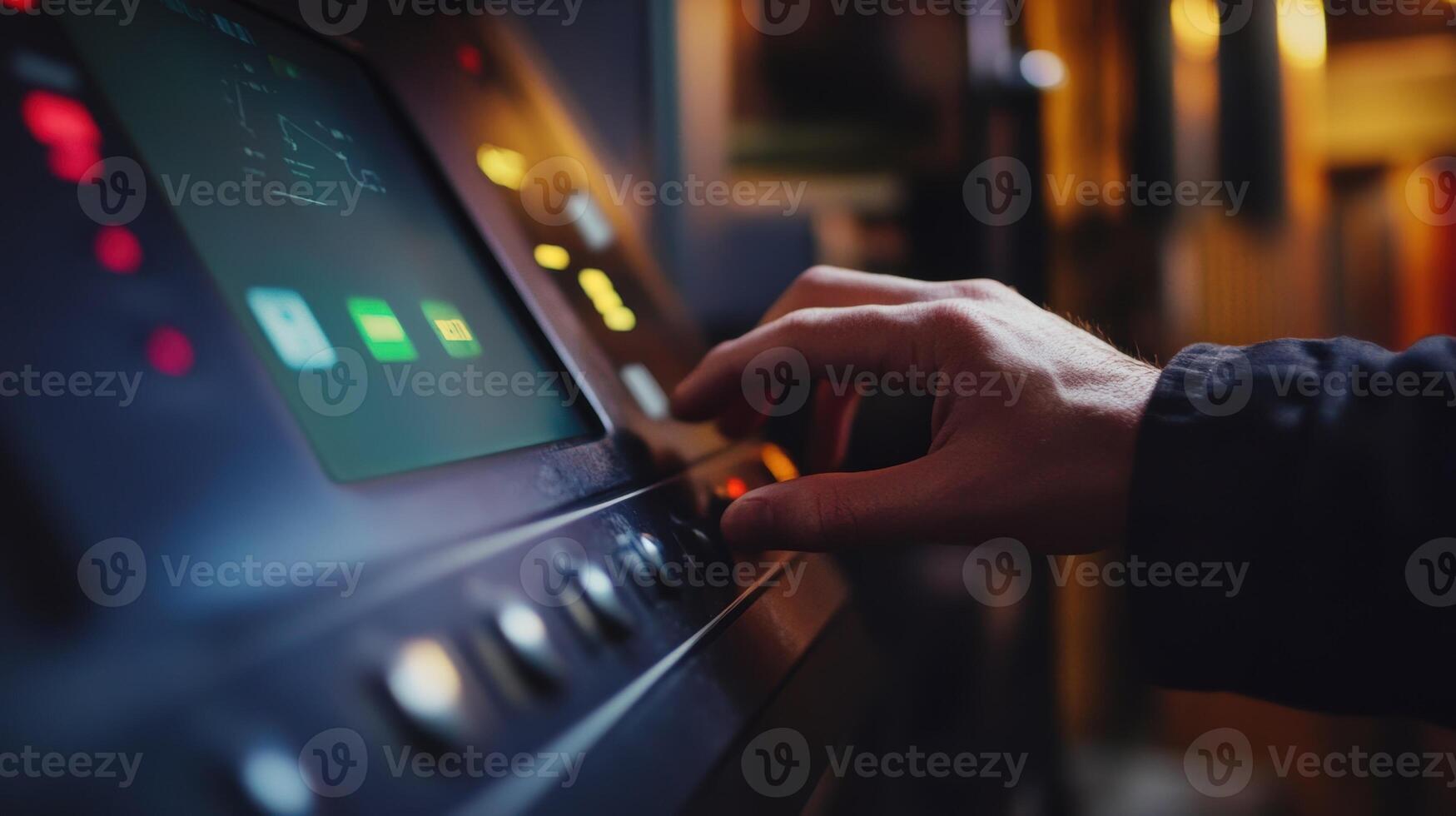An operators hand tapping a touchscreen interface with vivid notifications appearing in a floating window signaling an emergency maintenance requirement on a machine photo
