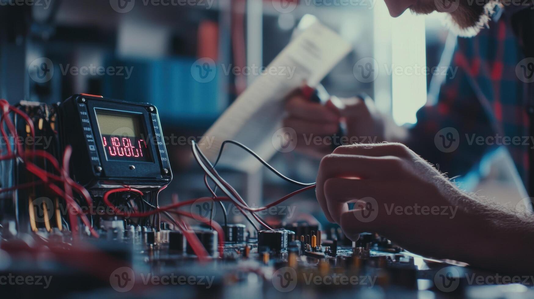 A closeup of a digital multimeter displaying fluctuating readings while connected to a malfunctioning circuit with a technician consulting a troubleshooting guide beside it photo