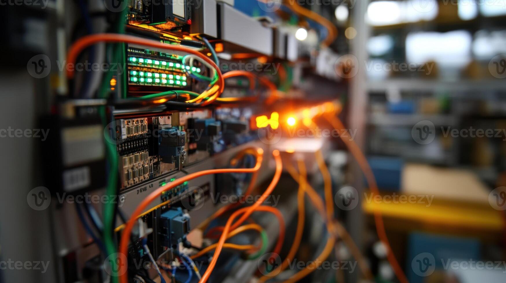 A graphic view of an intricate network of sensors on factory equipment with one sensor visibly marked with a pulsing light signaling a deviation from normal status photo