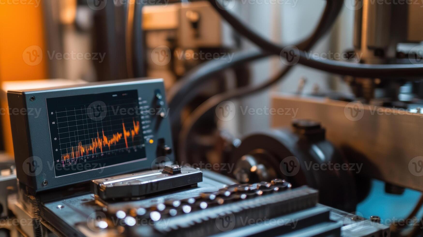 A refined angle of a vibration analysis tool resting on a machine with graphical data illustrating abnormal vibrations helping pinpoint potential issues before they escalate photo