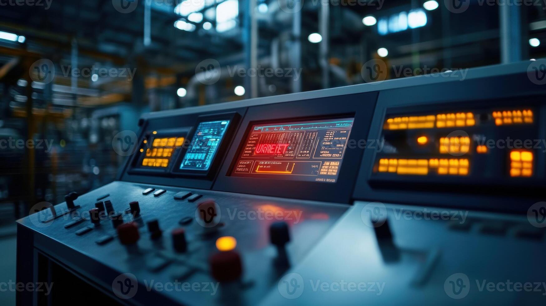 An industrial control unit with multiple blinking lights and a central display screen where a red URGENT notification is flashing in the middle of operational data photo