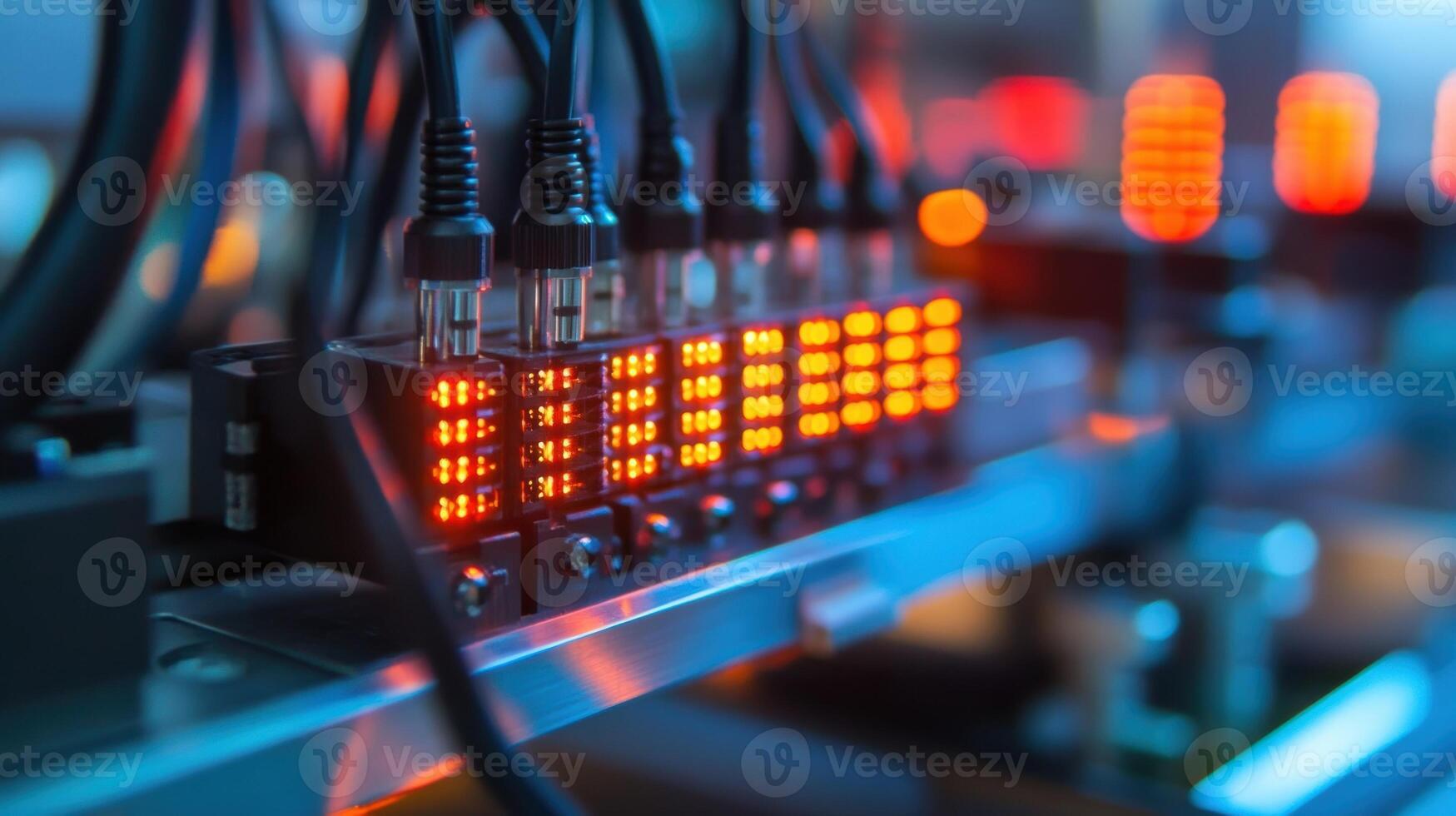 Closeup of a diagnostic tool connected to a machine with vibrant LED indicators displaying various operational statuses and alerts regarding potential failures photo