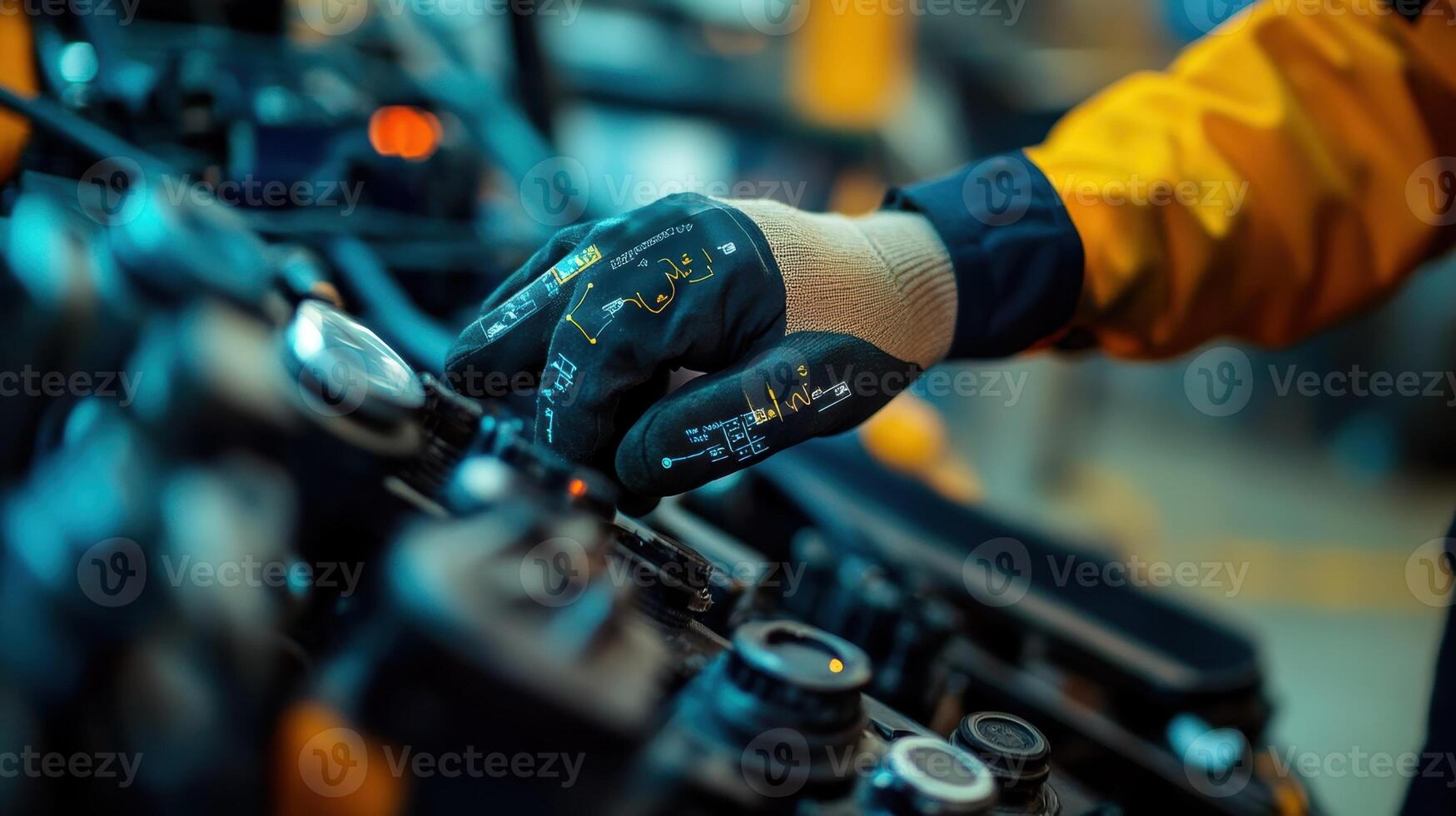 A closeup of an operators gloves interacting with a virtual interface on an augmented reality headset overlaying diagnostic information onto the machinery in front of them photo