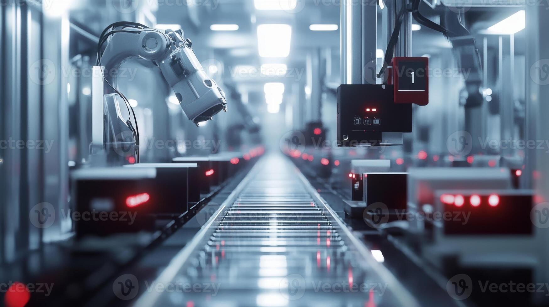 A still shot of a robotic packaging line where machines efficiently box and seal products with a focus on the mechanical movement of arms and belts that streamline the packaging process photo
