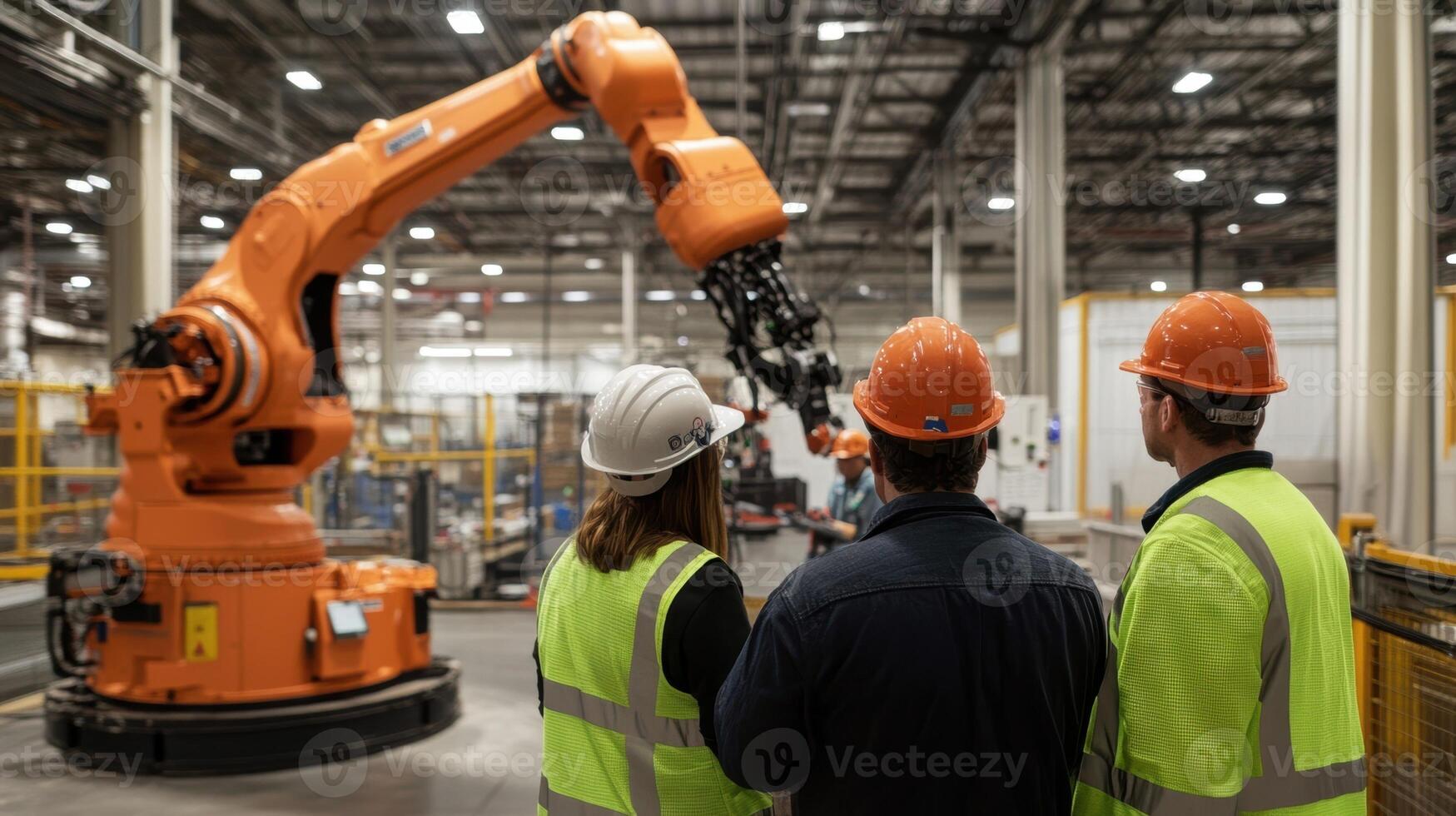 A maintenance crew watches as a robotic arm undergoes a software update enhancing its functionality and ensuring it meets operational standards photo