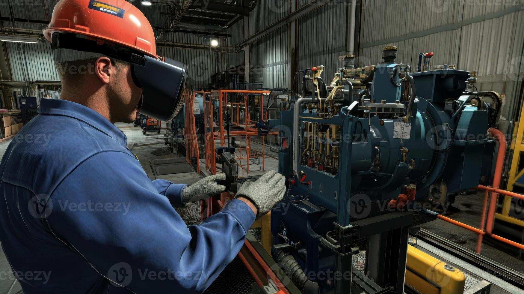 A team member interacting with a virtual reality training module simulating complex machinery repairs promoting skill enhancement in a controlled environment photo