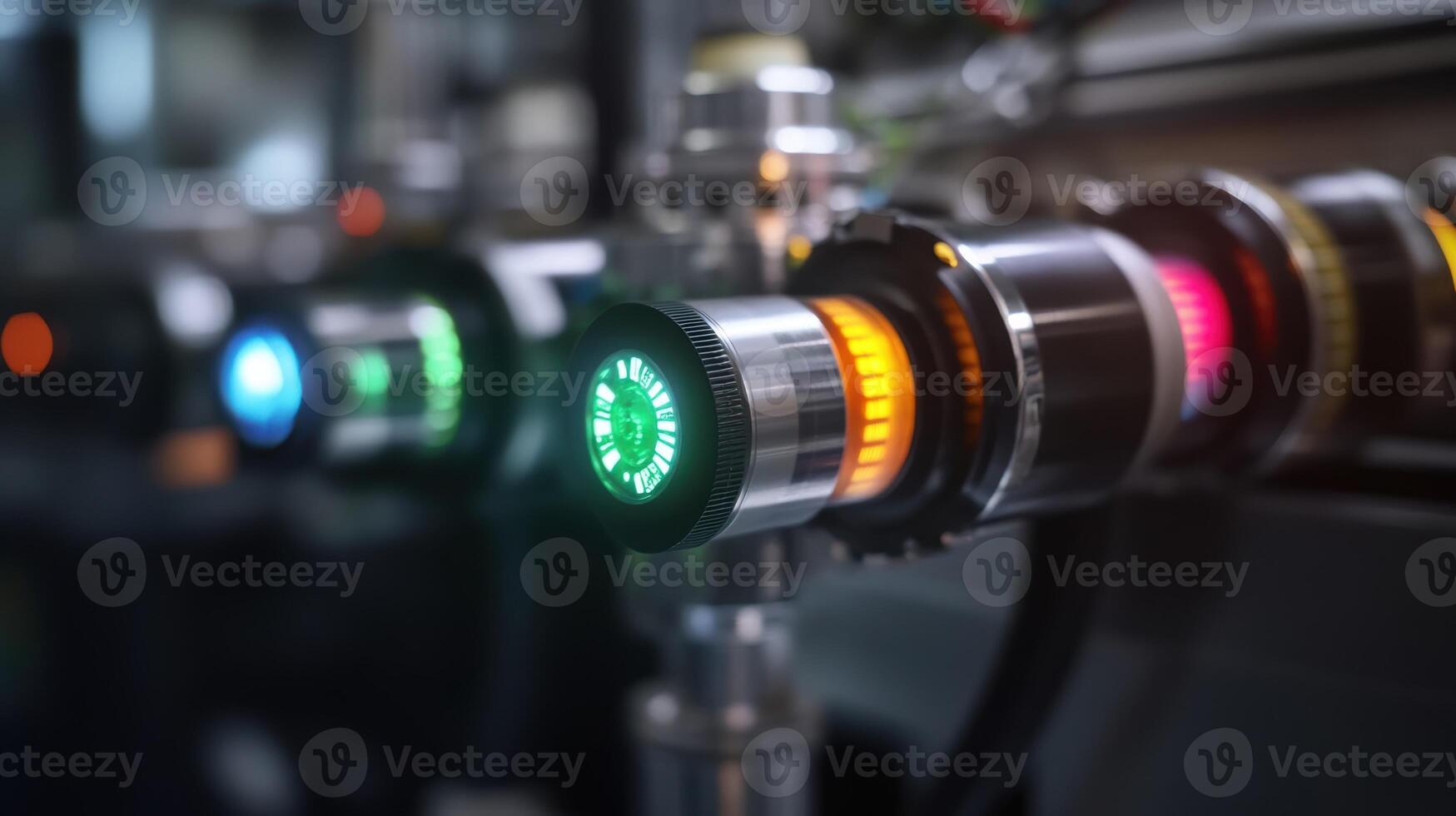 Futuristic industrial machinery operating with colorful lights in factory photo