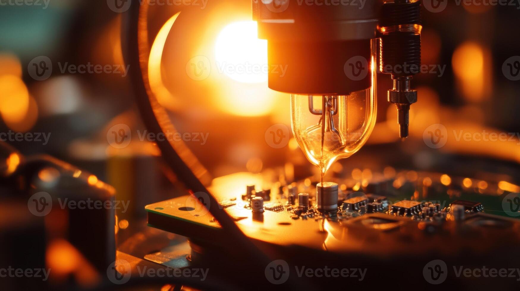 Automated machine assembling electronic components on circuit board in factory photo