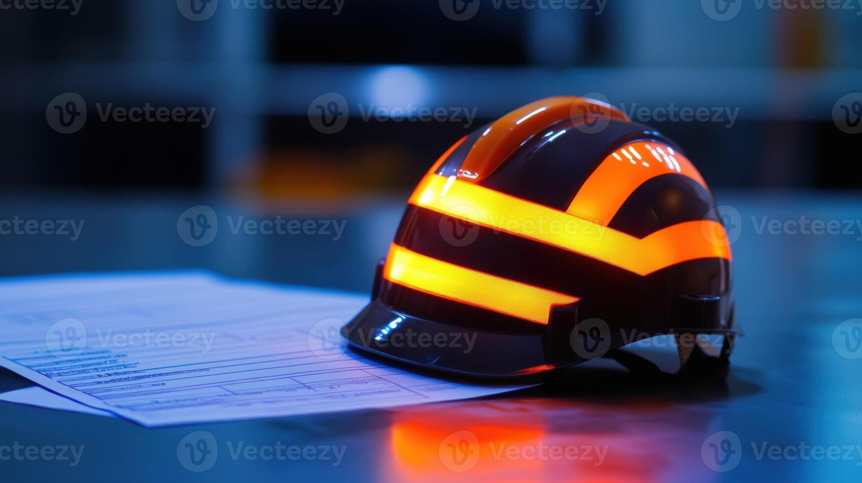 Luminous safety helmet resting on engineering plans in manufacturing facility photo