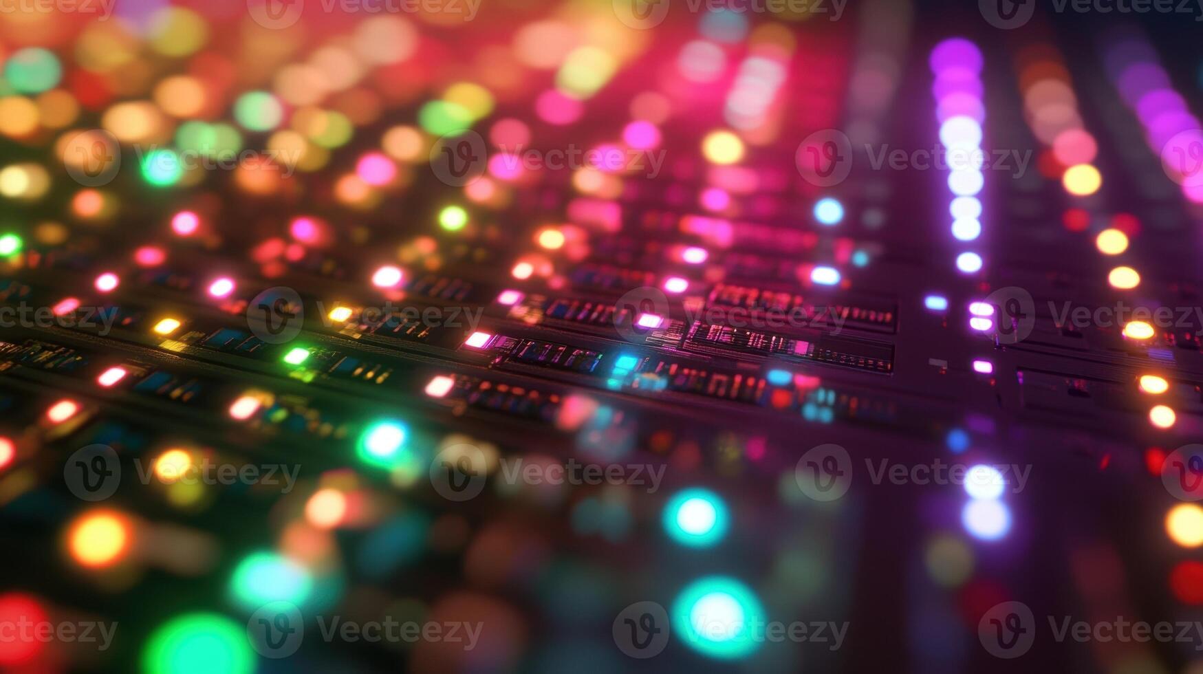 Electronic circuit board manufacturing with colorful bokeh effect and multicolored lights photo