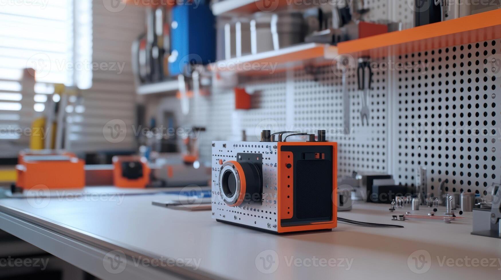 Manufacturing process of building a modern orange and black camera in a workshop photo