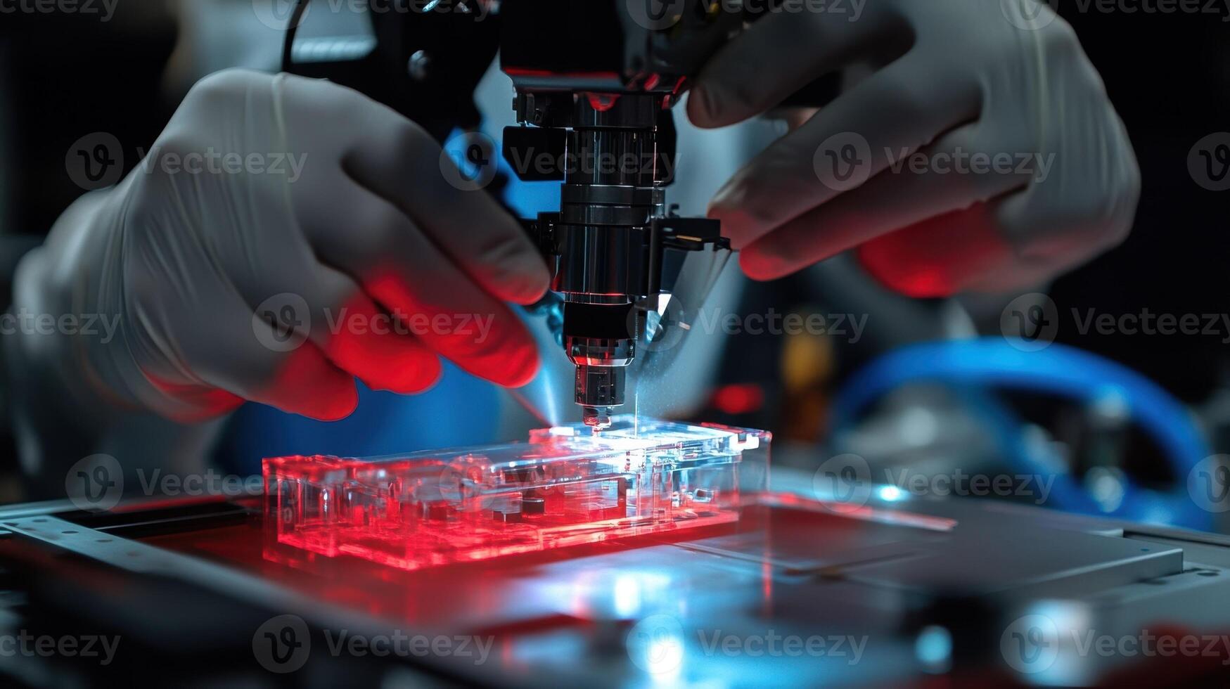 Gloved hands operating high tech precision equipment in laboratory setting photo