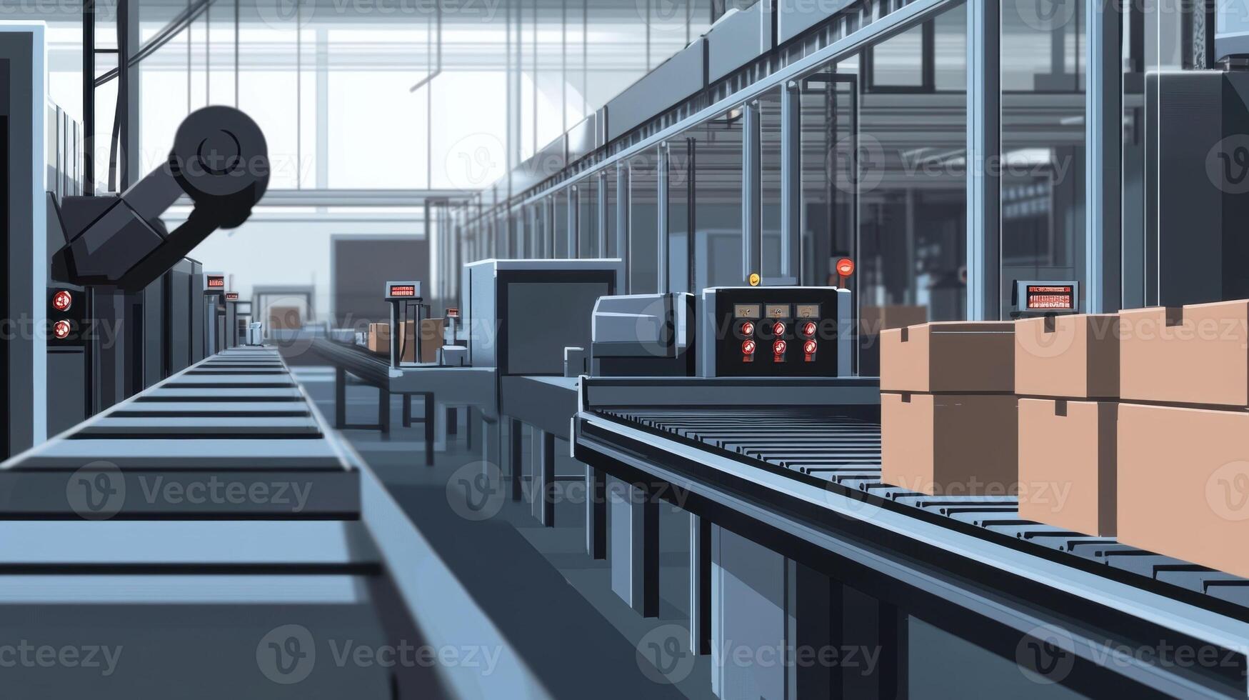 Robotic arm handling packages on automated assembly line in factory photo