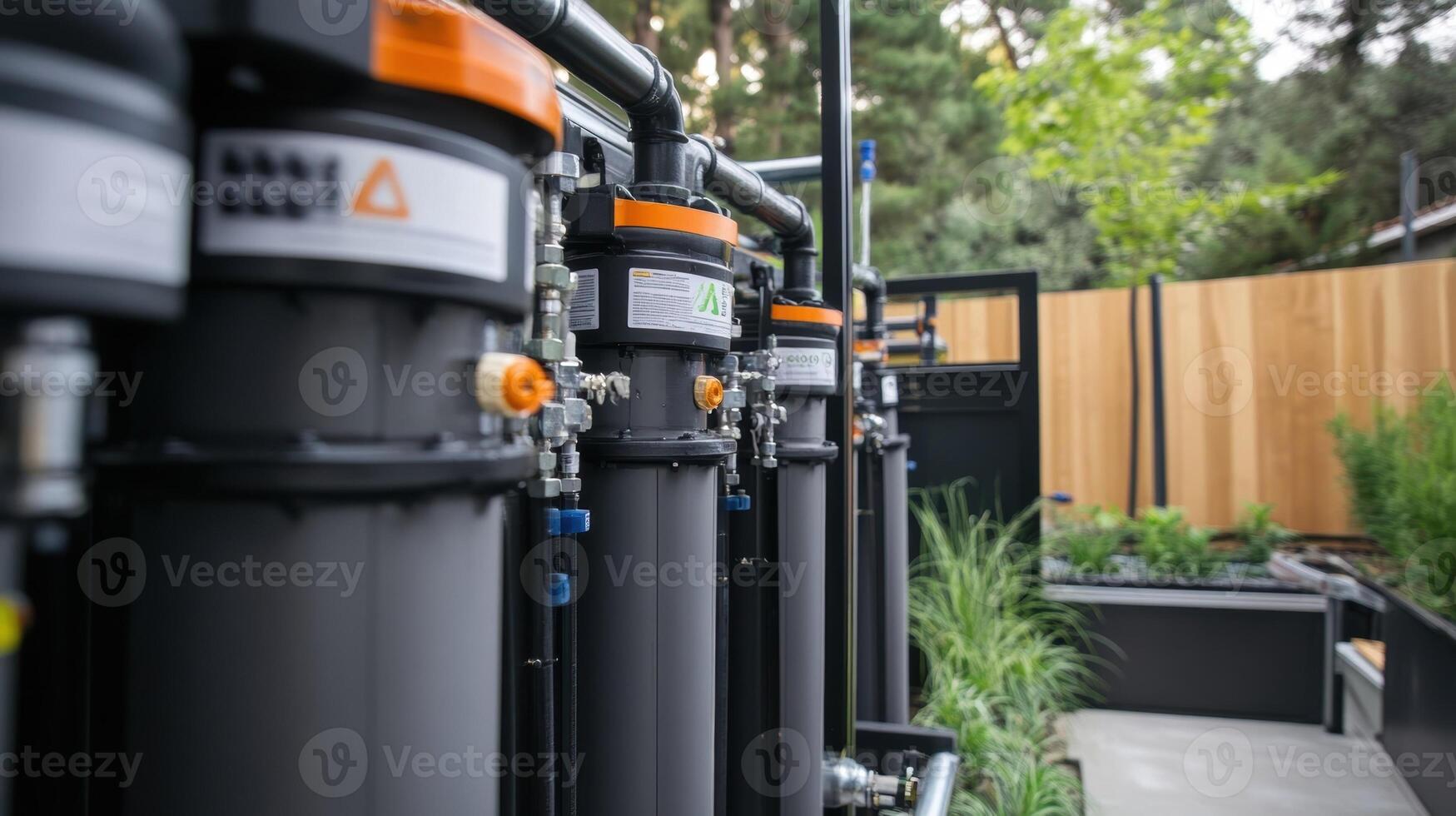Water filters purifying system installed outdoors in residential garden photo