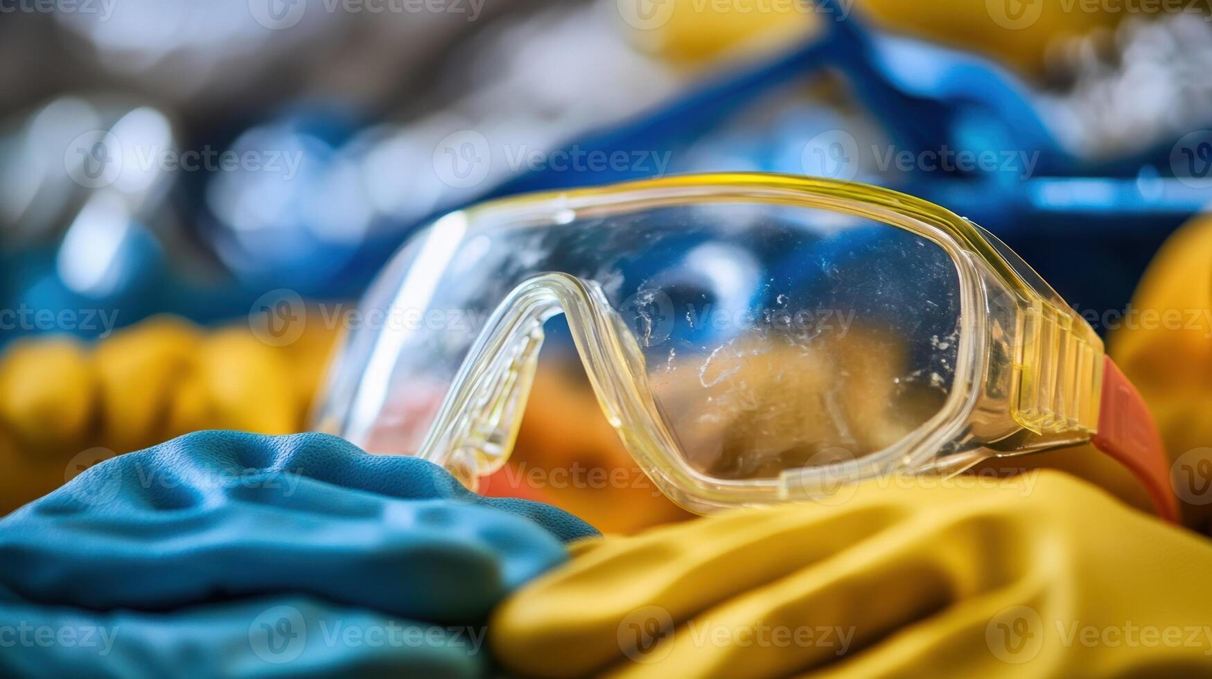 Protective glasses and gloves resting on work surface in manufacturing setting photo
