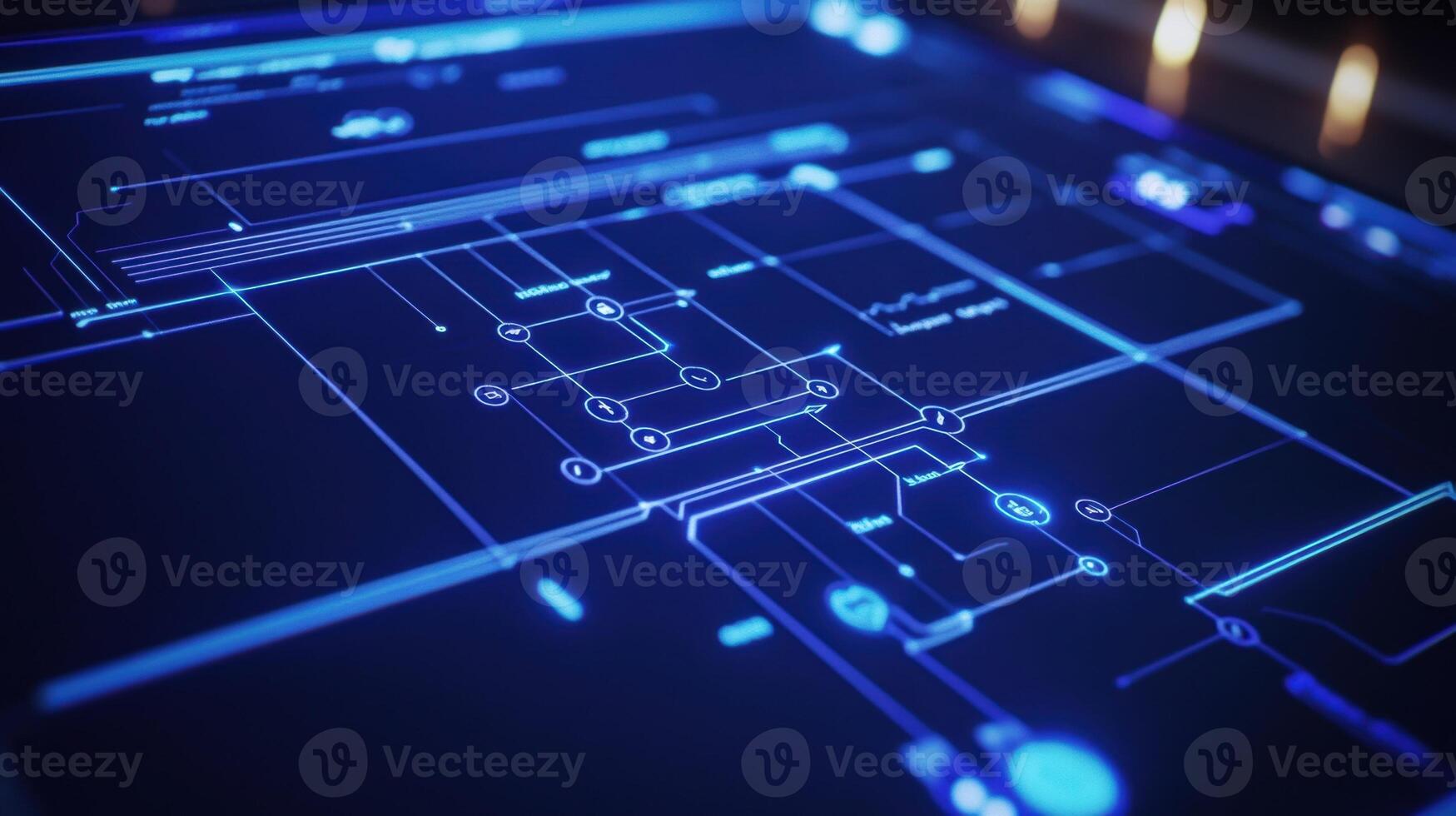 Futuristic manufacturing control panel showing performance data and statistics photo