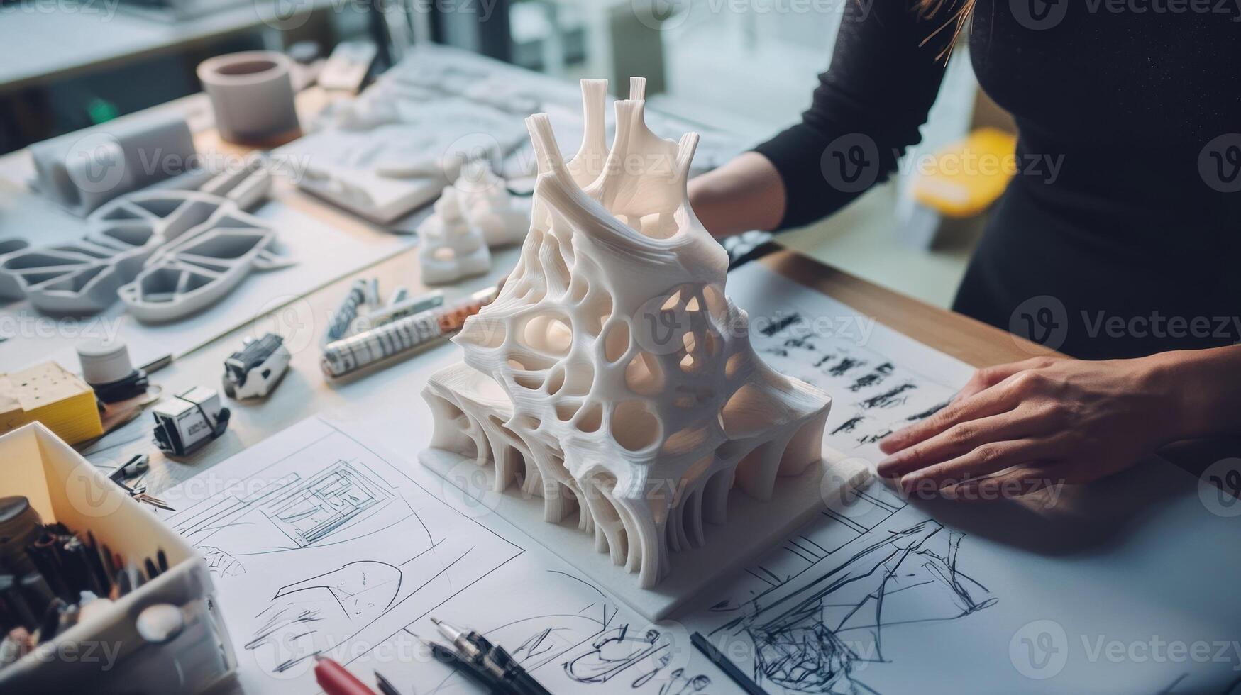 Architect examining a 3d printed model of a futuristic building photo