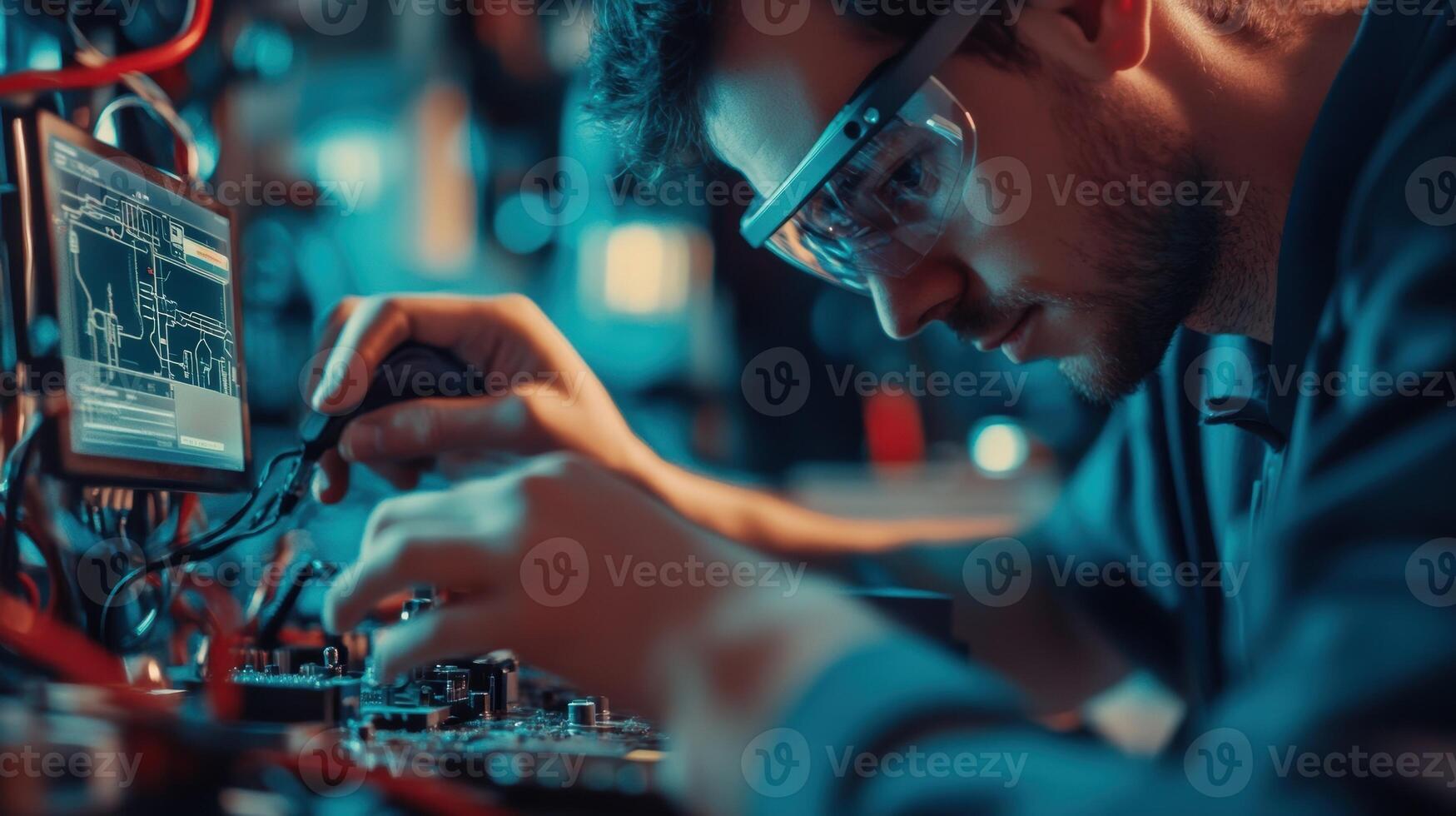 Electronics engineer repairing motherboard using multimeter and digital schematic on computer screen photo