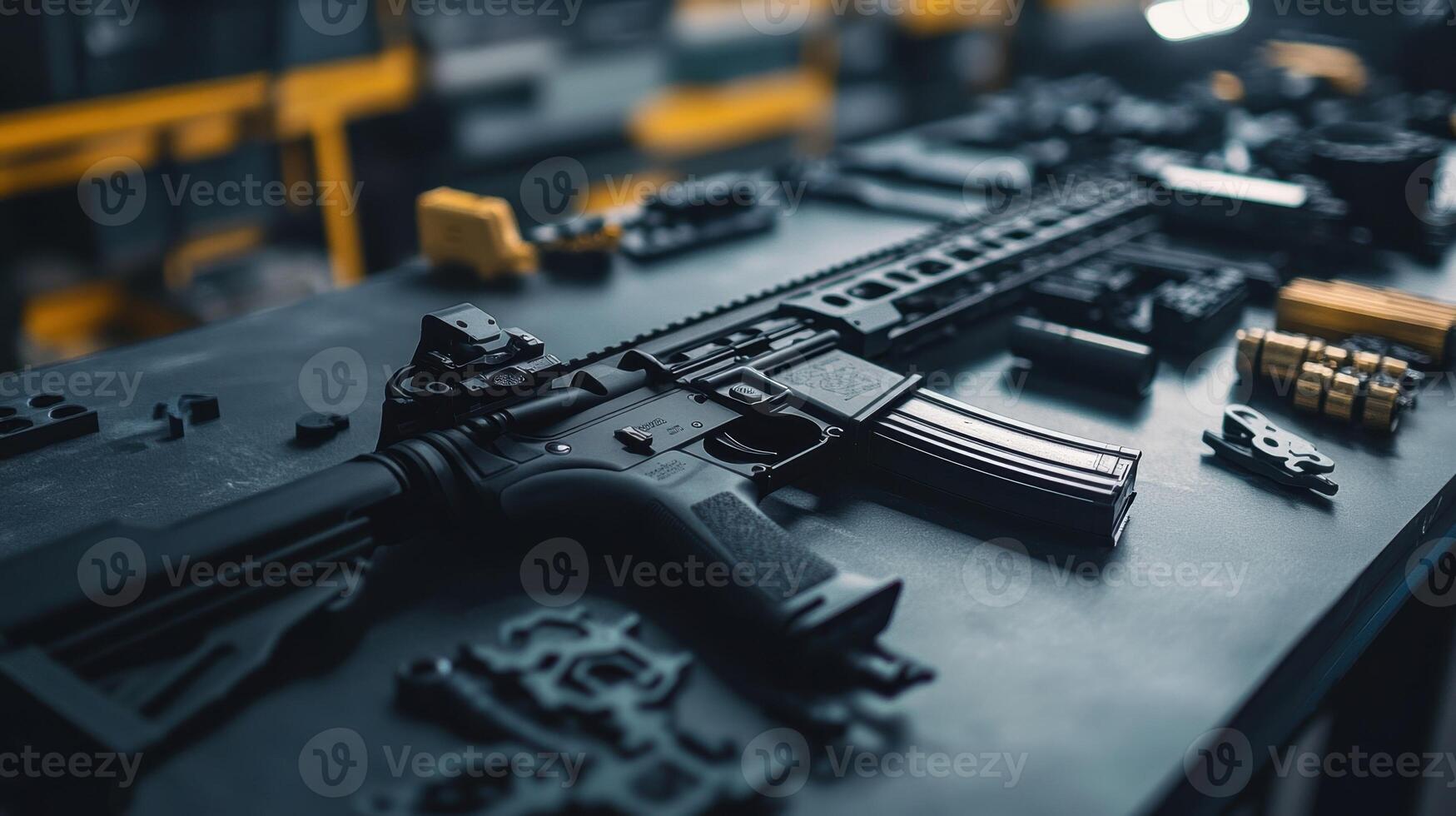 Modern sporting rifle being assembled on workbench in factory photo