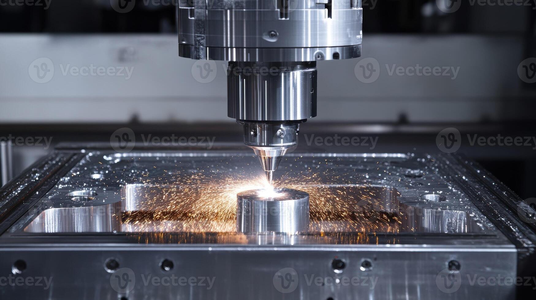 Cnc milling machine creating sparks during metalworking process photo