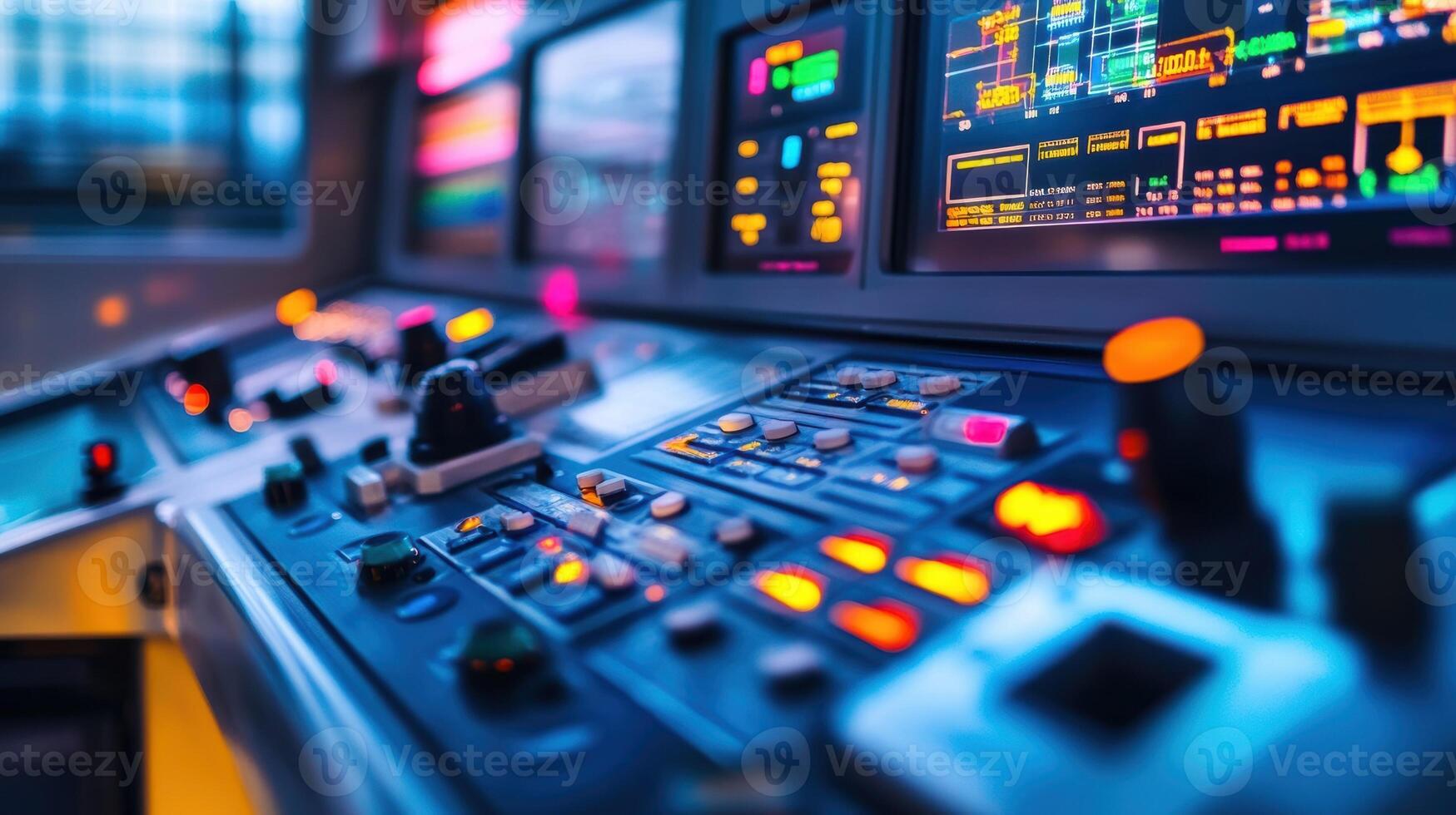 Control panel with illuminated buttons and screens showing data in industrial setting photo