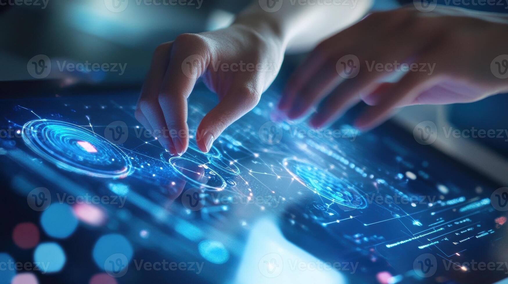 Engineer interacting with futuristic digital touchscreen managing manufacturing process photo