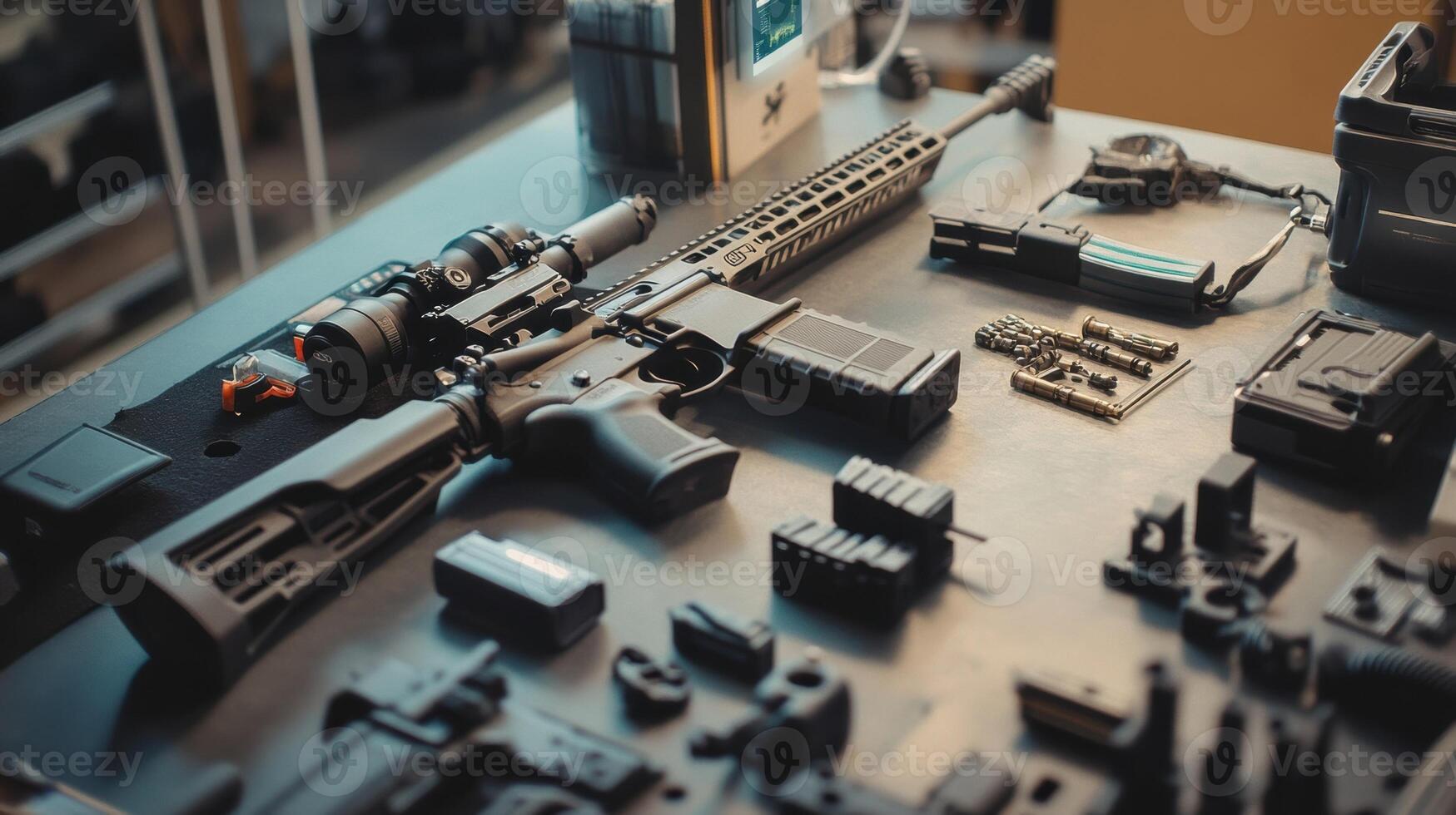 Modern sporting rifle and accessories displayed on table for gunsmithing photo