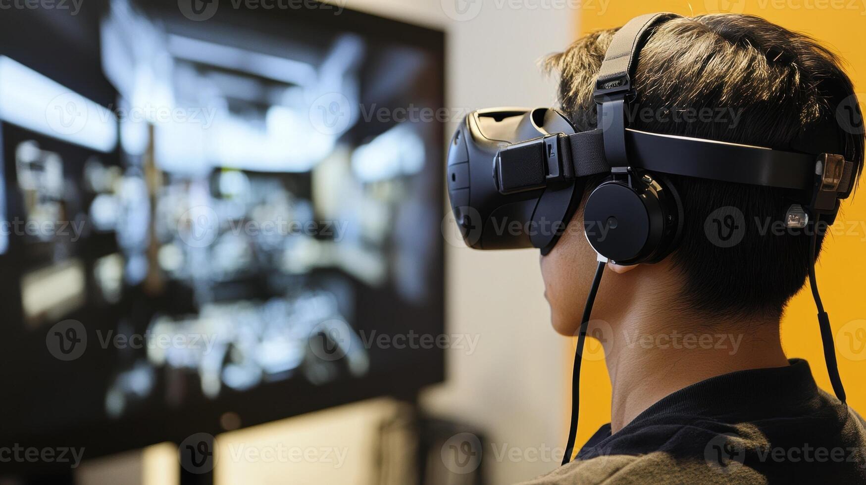 Engineer wearing virtual reality headset monitoring manufacturing process photo