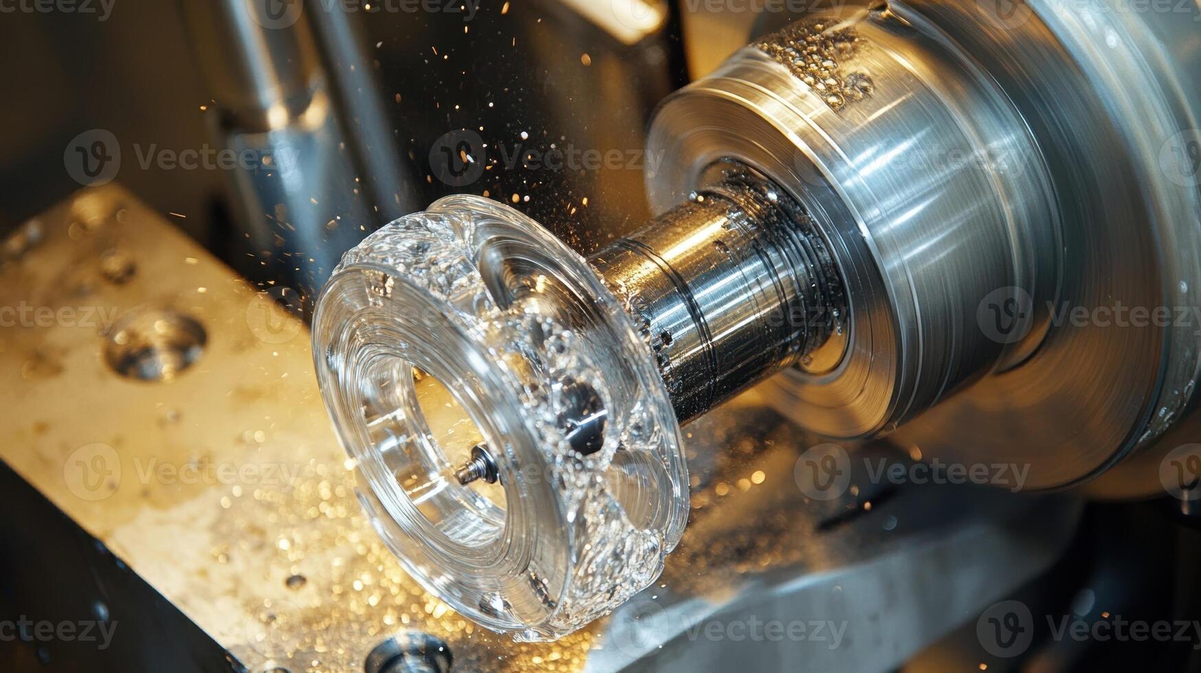 Lathe turning a transparent plastic or glass part, using water as a coolant, in a manufacturing process photo