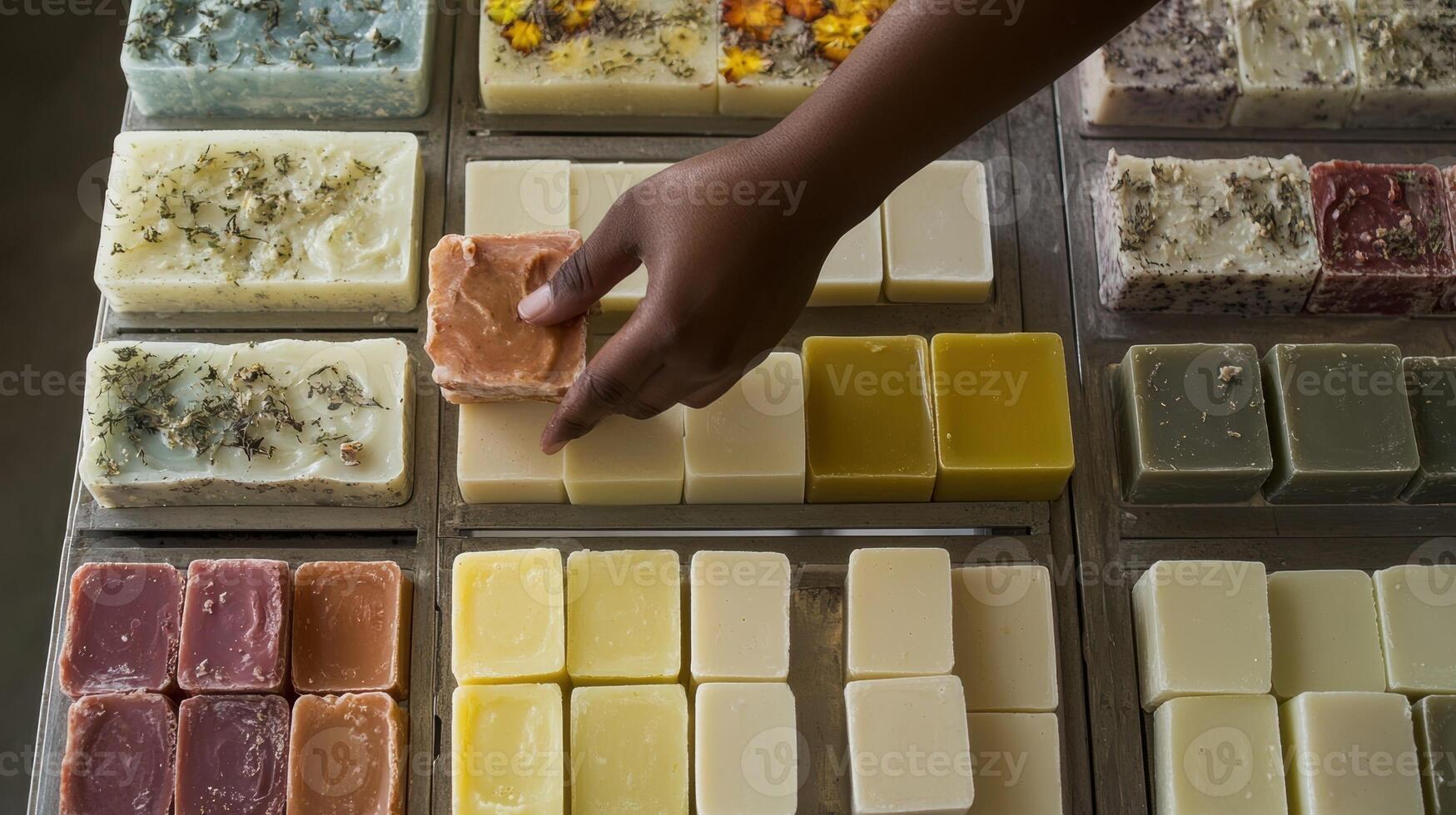 Shop assistant arranging handmade soap bars on display photo