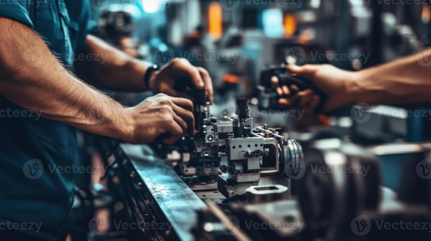 Factory workers assembling machine parts on production line photo