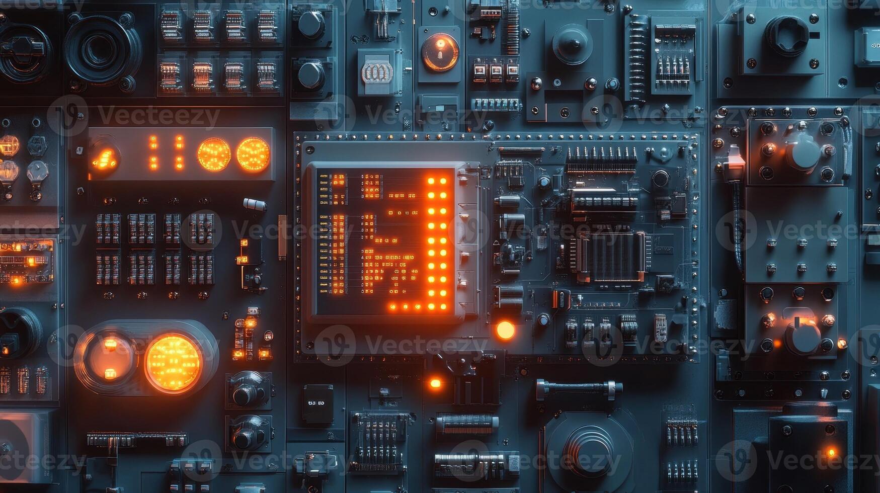 Complex electronic circuit board showing manufacturing process photo