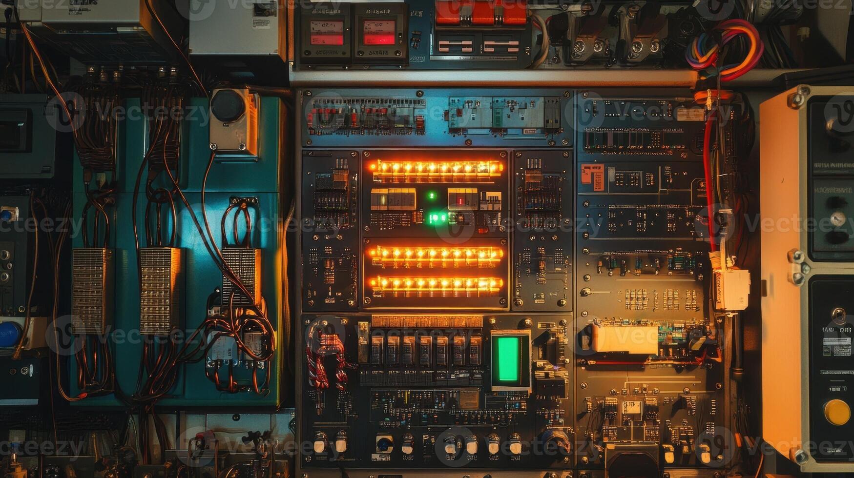 Complex industrial control panel with illuminated indicators and wiring displaying manufacturing processes photo